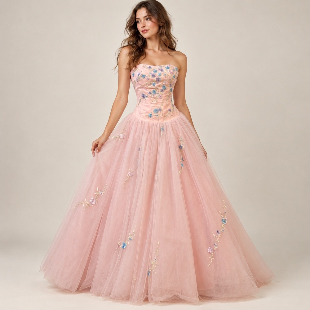 Ball Gown Womens 2 Pink Beaded Tulle Floral Formal Dress Fairy Quinceanera Prom